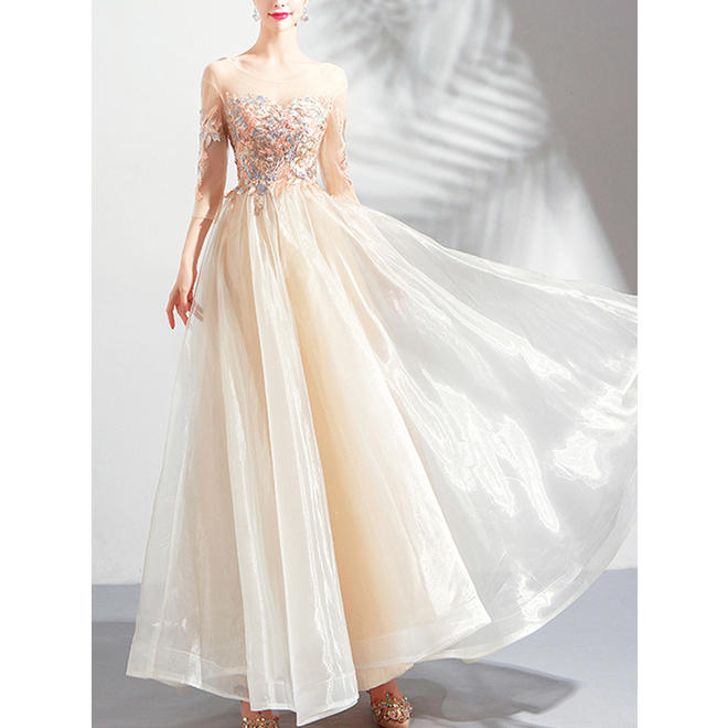 Women Flower Bust Pleated Long Wedding Dress