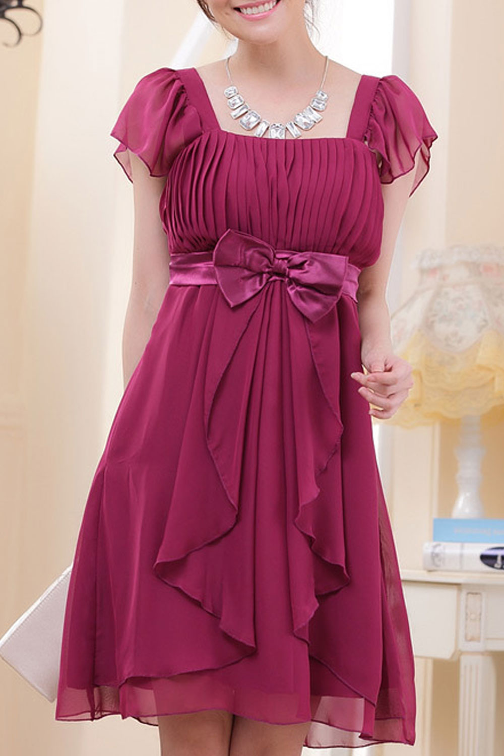 Women Square Neck Cup Sleeve Waist Bow Dress