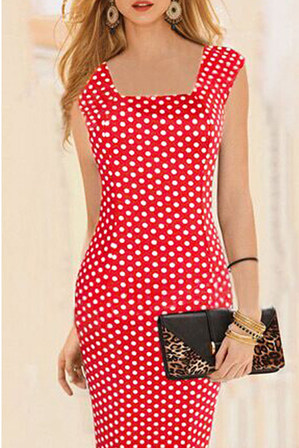 Women Square Neck Sleeveless Plaid Pattern Sheath Dress