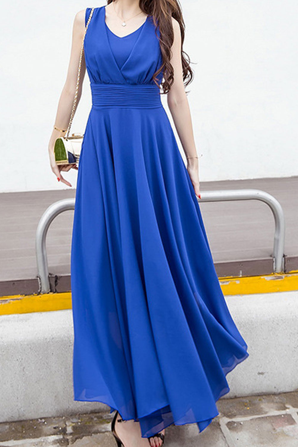 Women Soft Solid Pattern Pleated Skirt Chiffon Summer Comfortable Dress