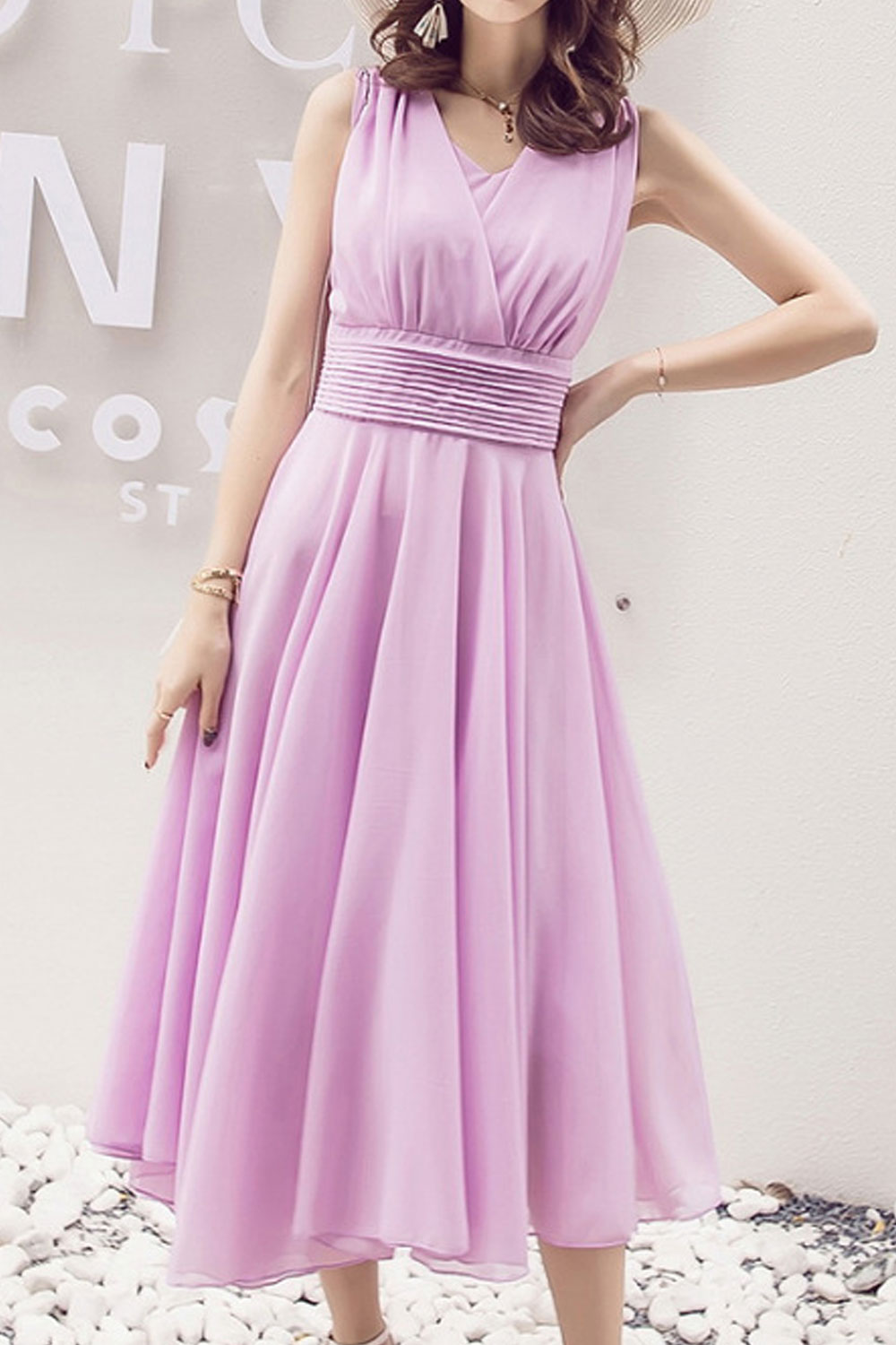 Women Soft Solid Pattern Pleated Skirt Chiffon Summer Comfortable Dress