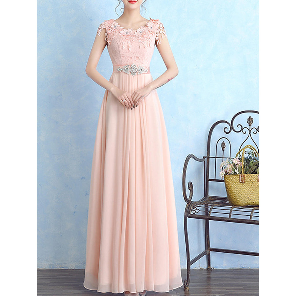 Women Flower Lace Round Neck Wedding Dress