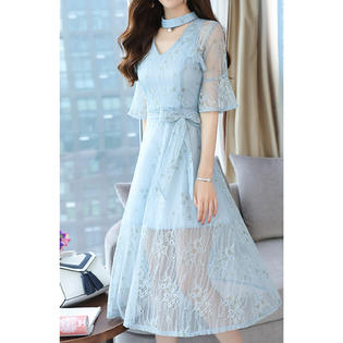 Women Aesthetic Lace Patterned V- Neck Mid-Length Sleeves Waist Strap A-Line Styled Soft Dress