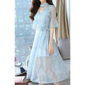 Women Aesthetic Lace Patterned V- Neck Mid-Length Sleeves Waist Strap A-Line Styled Soft Dress