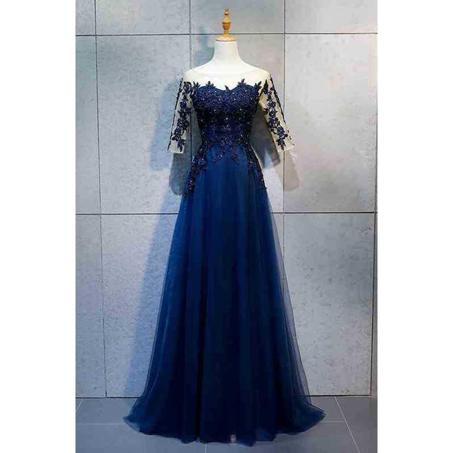 Women Sheered Neck Slim Wedding Party Dress