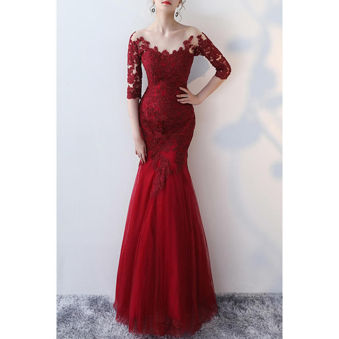 Women Elbow Sleeve Slim Fit Lace Embroidery Fishtail Stylish Party Dress