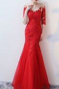 Women Elbow Sleeve Slim Fit Lace Embroidery Fishtail Stylish Party Dress
