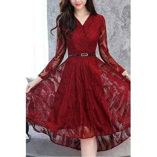 Women Flower Lace V-Neck Slim Fit Dress Without Belt