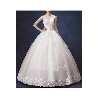Women Lace Round Neck Ball Gown Wedding Dress