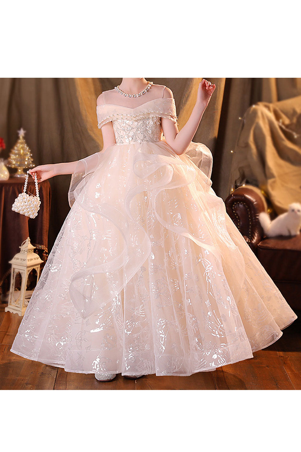 Kids Girls Flower Embroidered Round Neck Long Length Shiny Wedding Autumn Dress