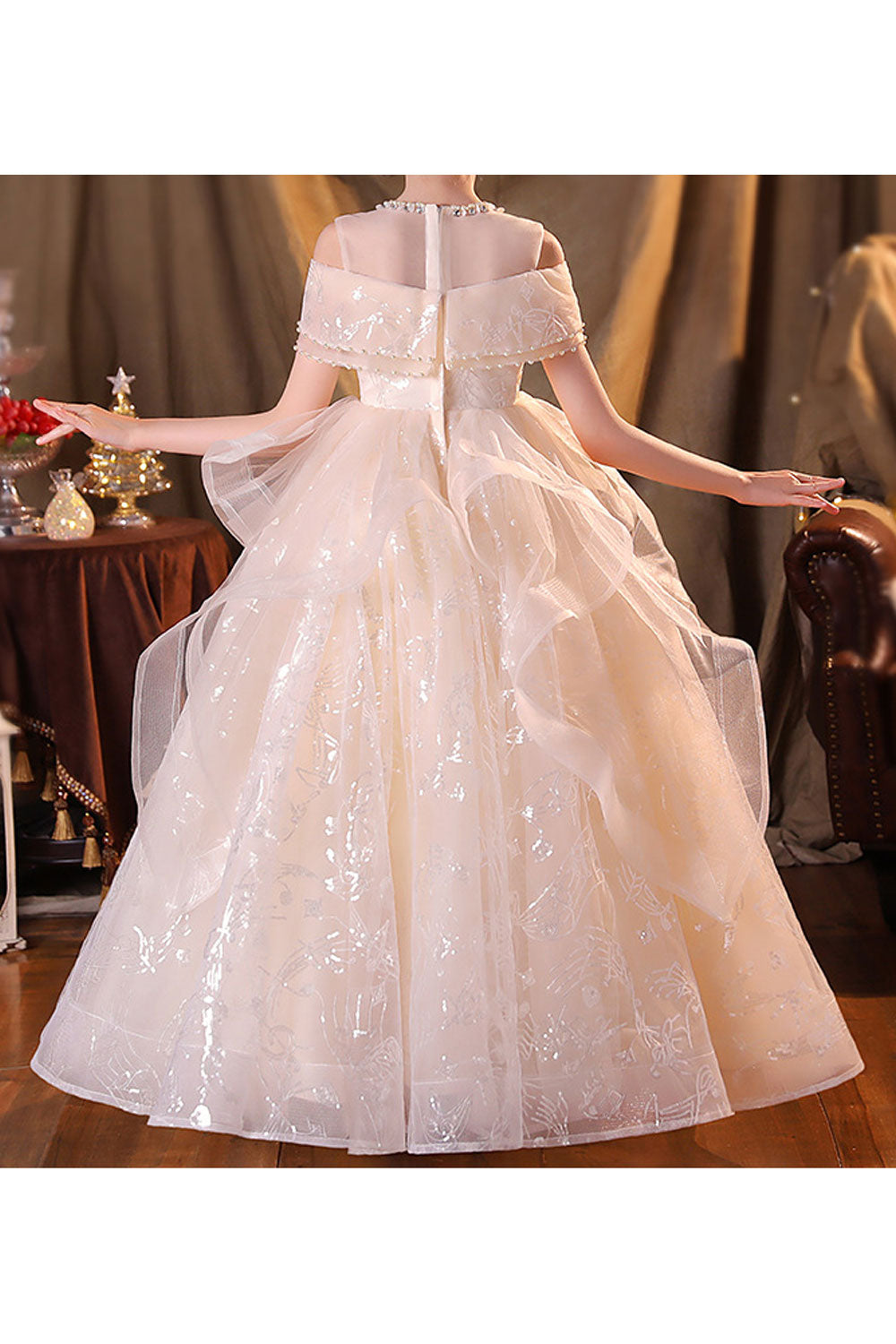 Kids Girls Flower Embroidered Round Neck Long Length Shiny Wedding Autumn Dress