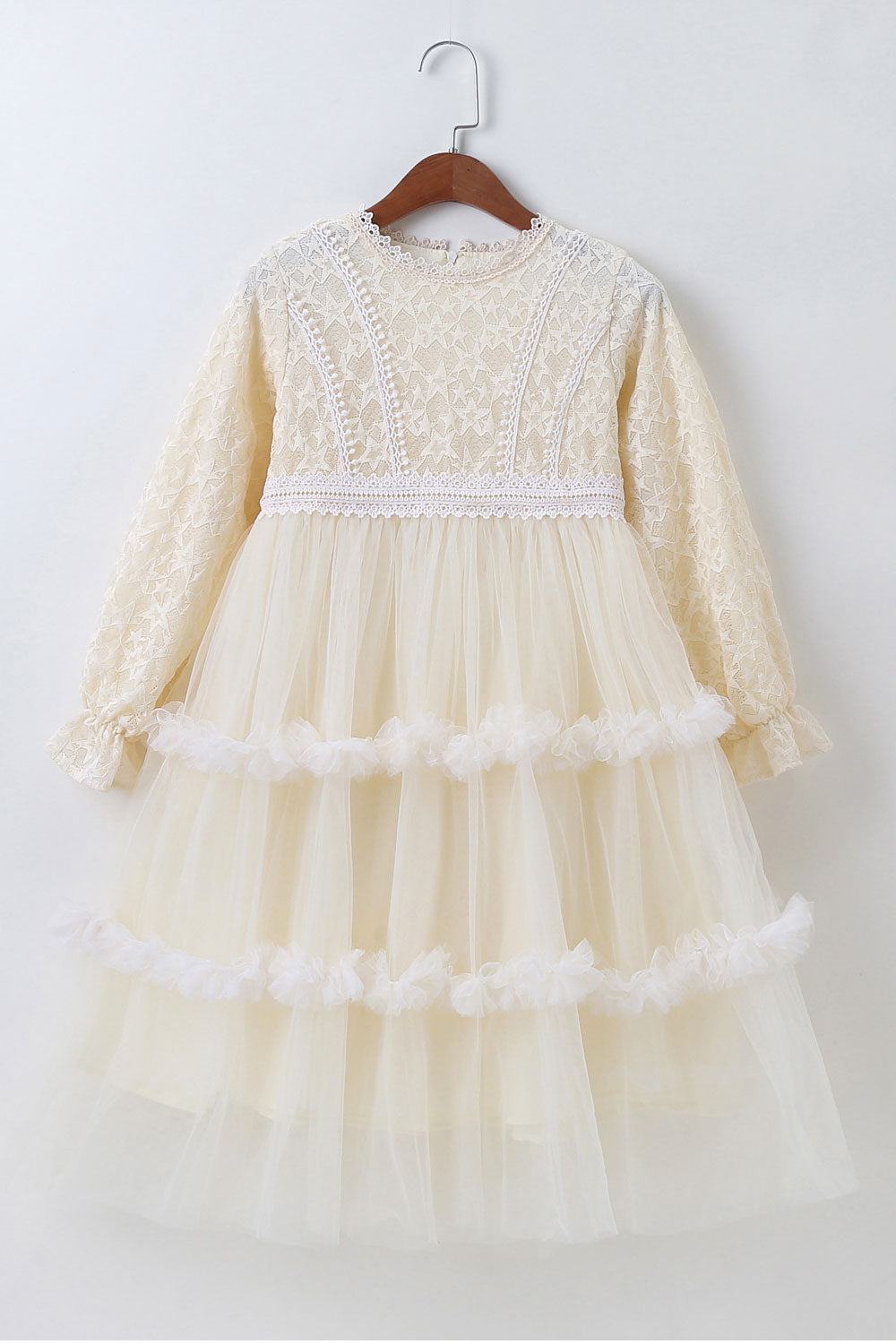 Kids Girls Lace Decorated Stylish Solid Colored Easy Round Neck Long Sleeve Winter Party Dress