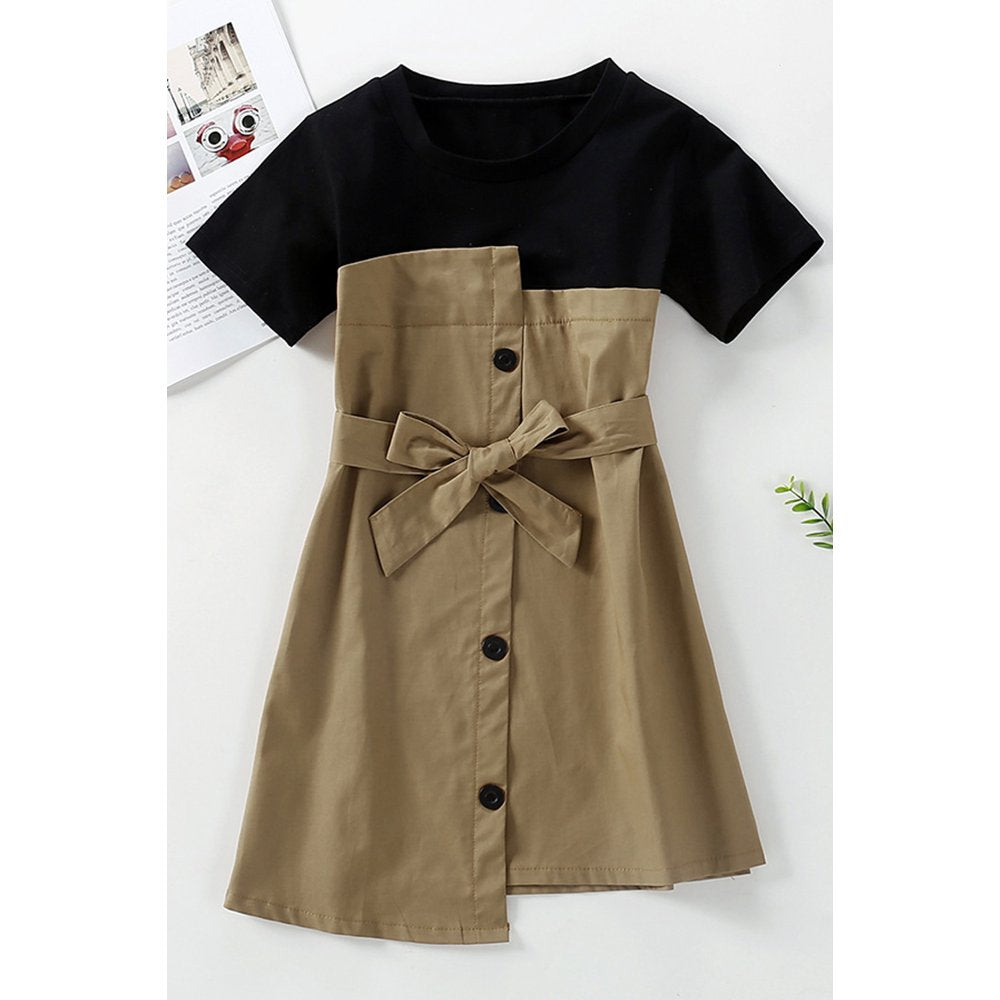 Kids Girls Short Sleeve Button Closure Solid Pattern Dress