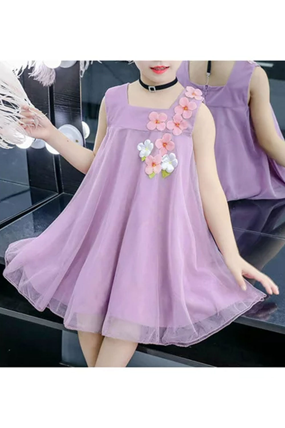 Kids Girls Thin material Soft Small Flower Decorated Bust Square Neck Dress