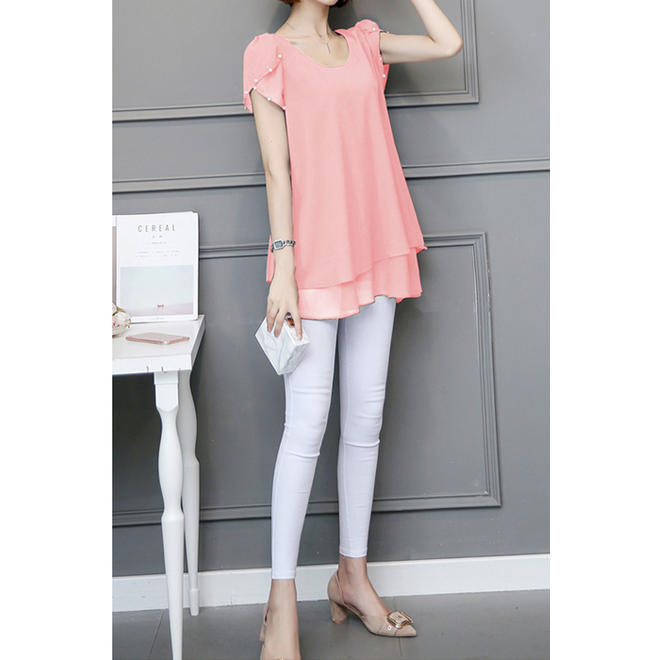Women Short Sleeves Layered Double Hem Top