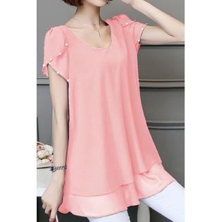 Women Short Sleeves Layered Double Hem Top
