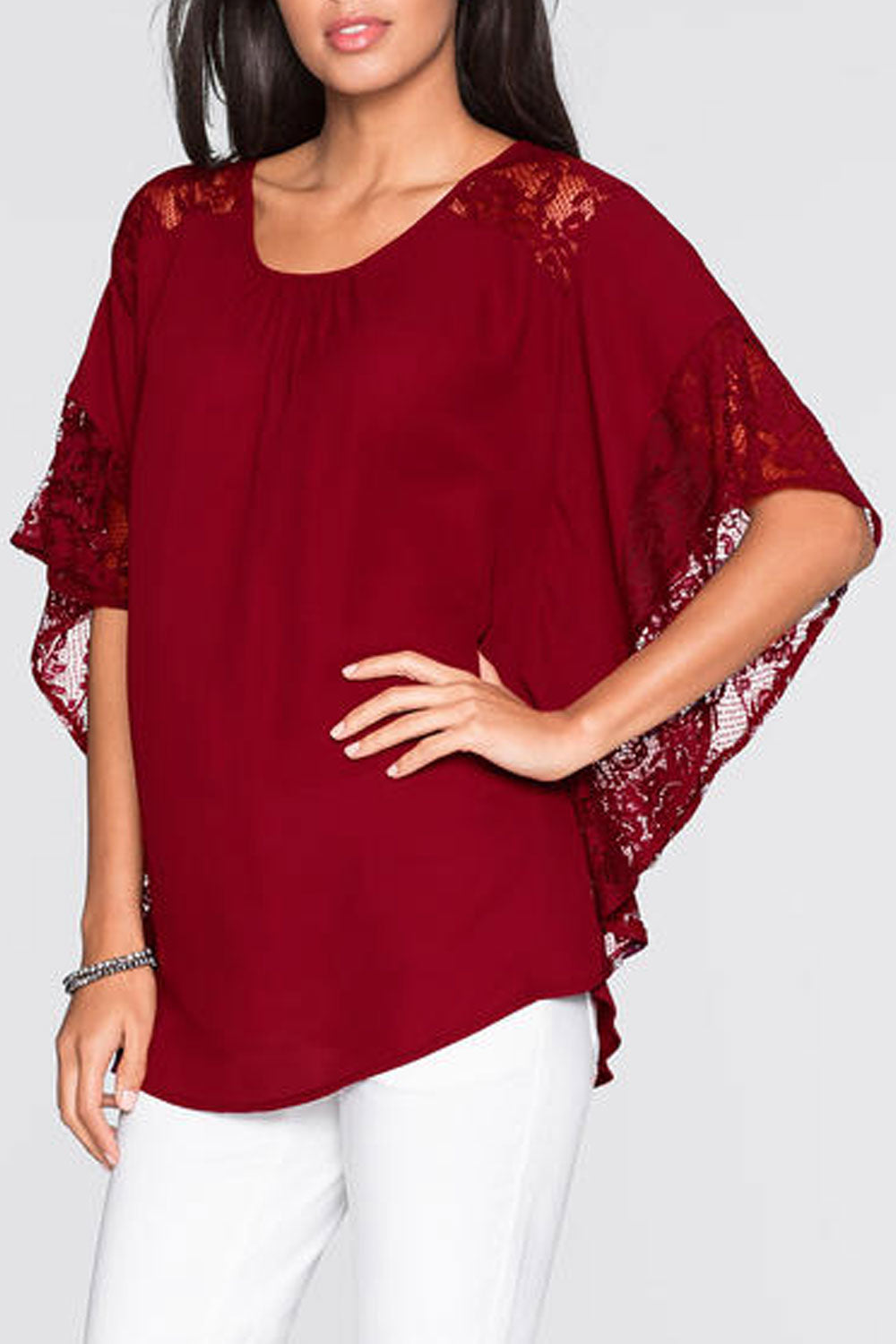 Women Loose Bat Sleeves Party Lace Blouse Red Vine