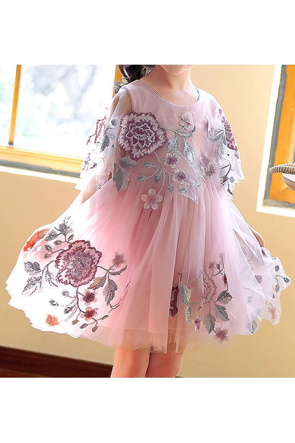 Kids Girls Superb Long Sleeve Thin Mesh Solid Color Ribbon Attached Cute Dress