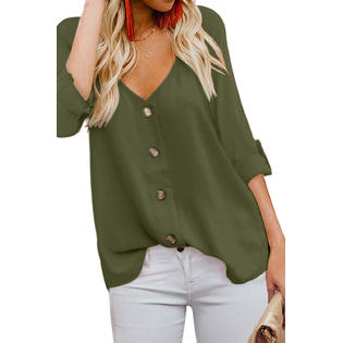 Women Comfortable Button Closure V-Neck Style Folded Sleeve Shirt