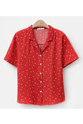 Women Short Sleeve Collar Neck Easy Button Down Polka Dotted Thin Shirt