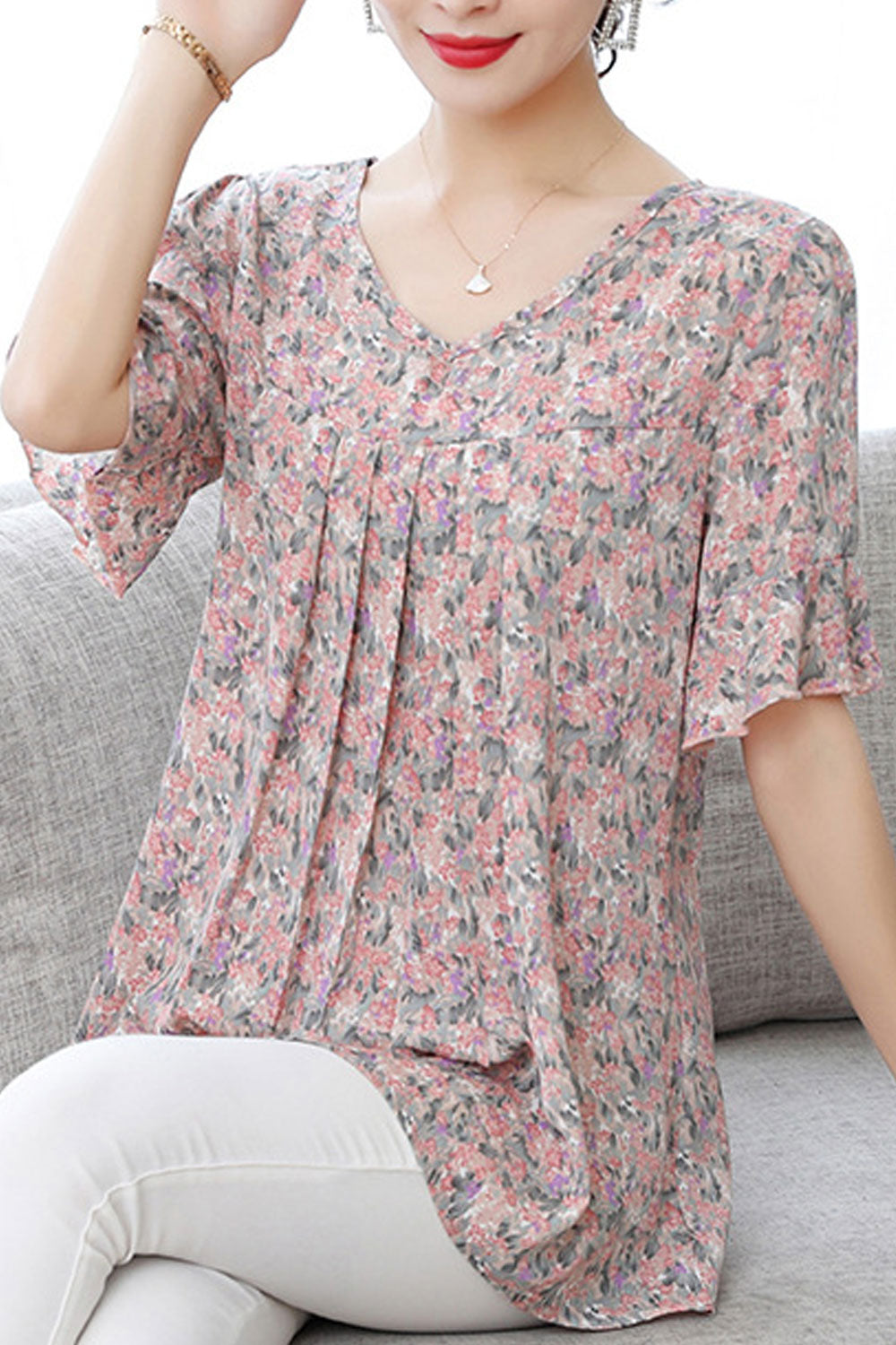 Women Floral Short Sleeve Loose Comfortable Summer Shirt