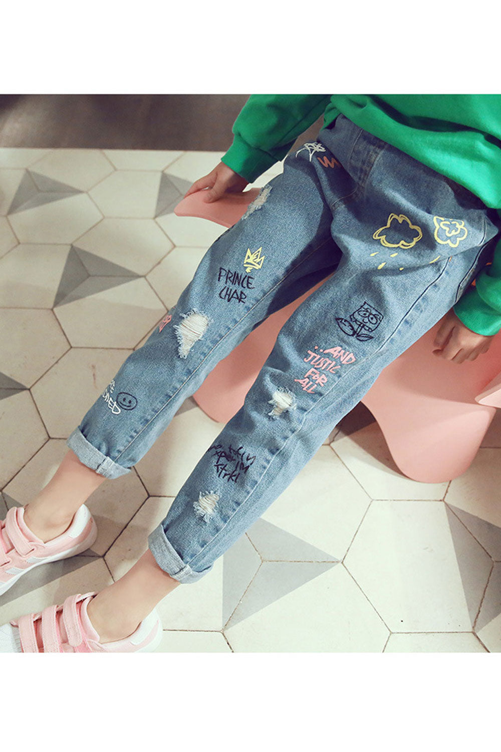 Kids Girls Graffiti Printed Comfortable Ripped Style Jeans