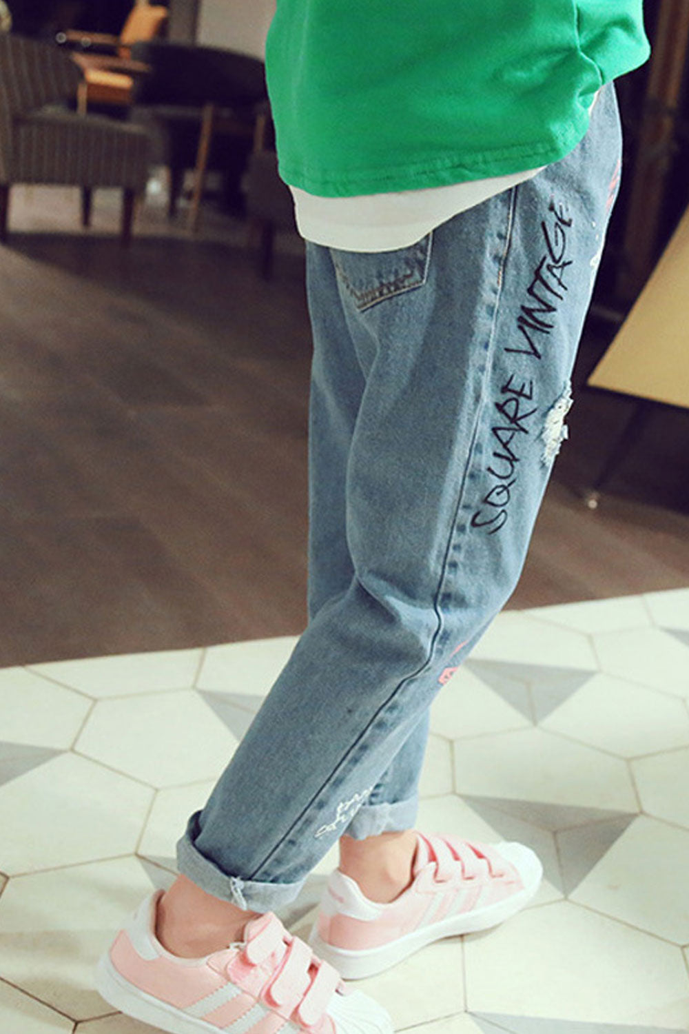 Kids Girls Graffiti Printed Comfortable Ripped Style Jeans