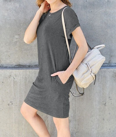 Women's Basic Bae Full Size Round Neck Short Sleeve Dress with Pockets