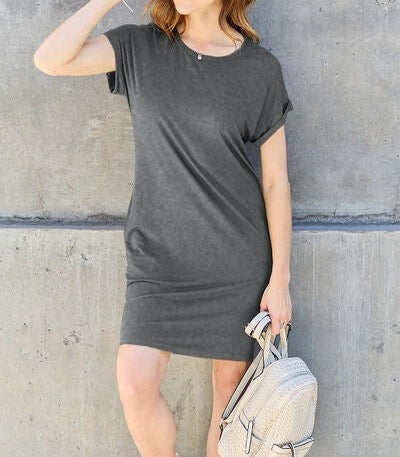 Women's Basic Bae Full Size Round Neck Short Sleeve Dress with Pockets