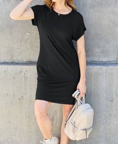 Women's Basic Bae Full Size Round Neck Short Sleeve Dress with Pockets
