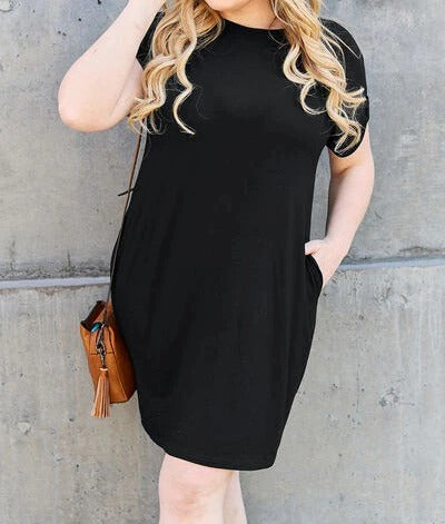 Women's Basic Bae Full Size Round Neck Short Sleeve Dress with Pockets