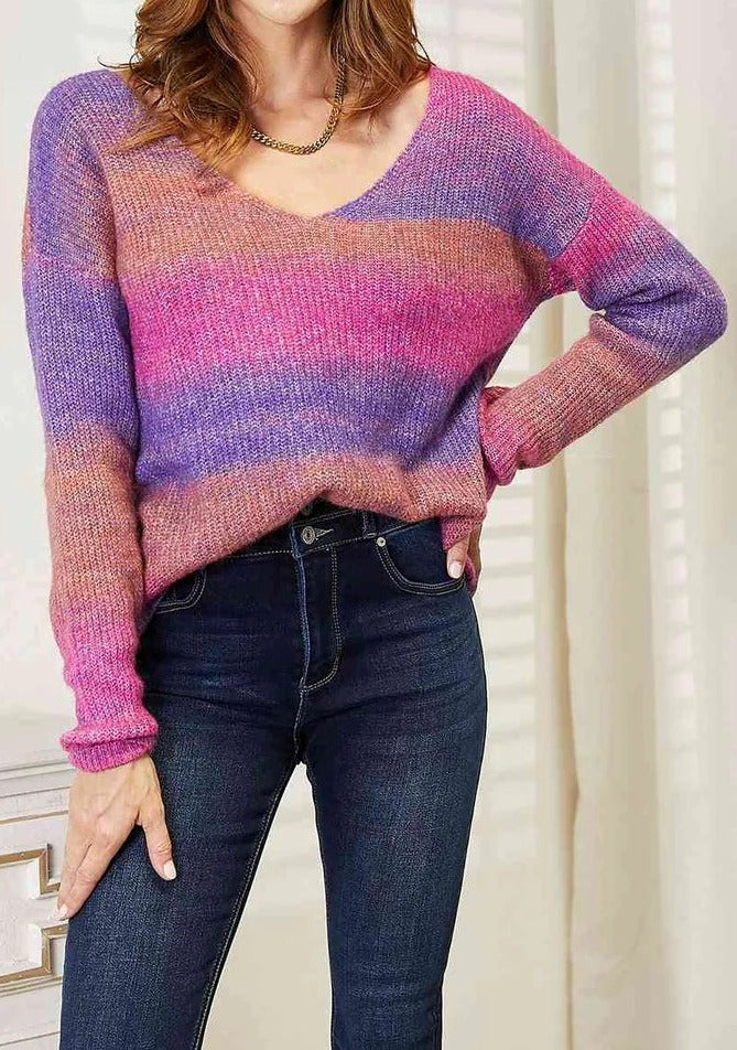 Women's Double Take Multicolored Rib-Knit V-Neck Knit Pullover