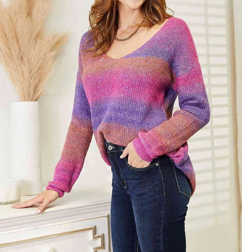 Women's Double Take Multicolored Rib-Knit V-Neck Knit Pullover