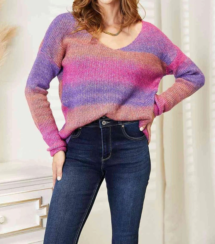 Women's Double Take Multicolored Rib-Knit V-Neck Knit Pullover