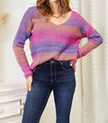 Women's Double Take Multicolored Rib-Knit V-Neck Knit Pullover