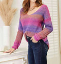 Women's Double Take Multicolored Rib-Knit V-Neck Knit Pullover