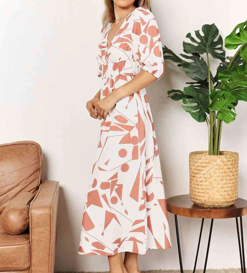 women's Double Take Printed Surplice Balloon Sleeve Dress