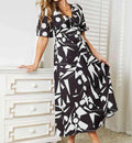 women's Double Take Printed Surplice Balloon Sleeve Dress