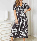 women's Double Take Printed Surplice Balloon Sleeve Dress
