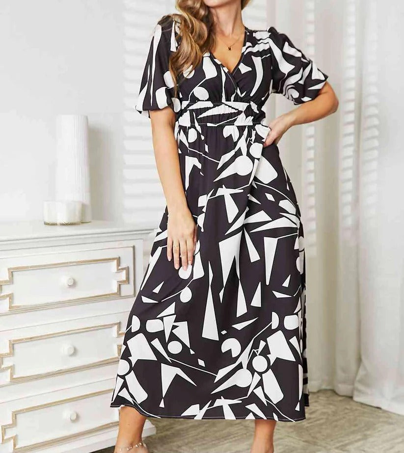 women's Double Take Printed Surplice Balloon Sleeve Dress