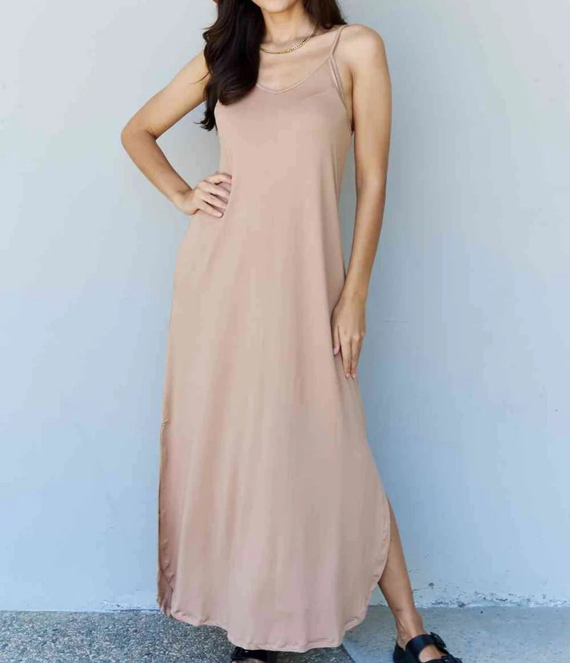 Women's Ninexis Good Energy Full Size Cami Side Slit Maxi Dress in Camel