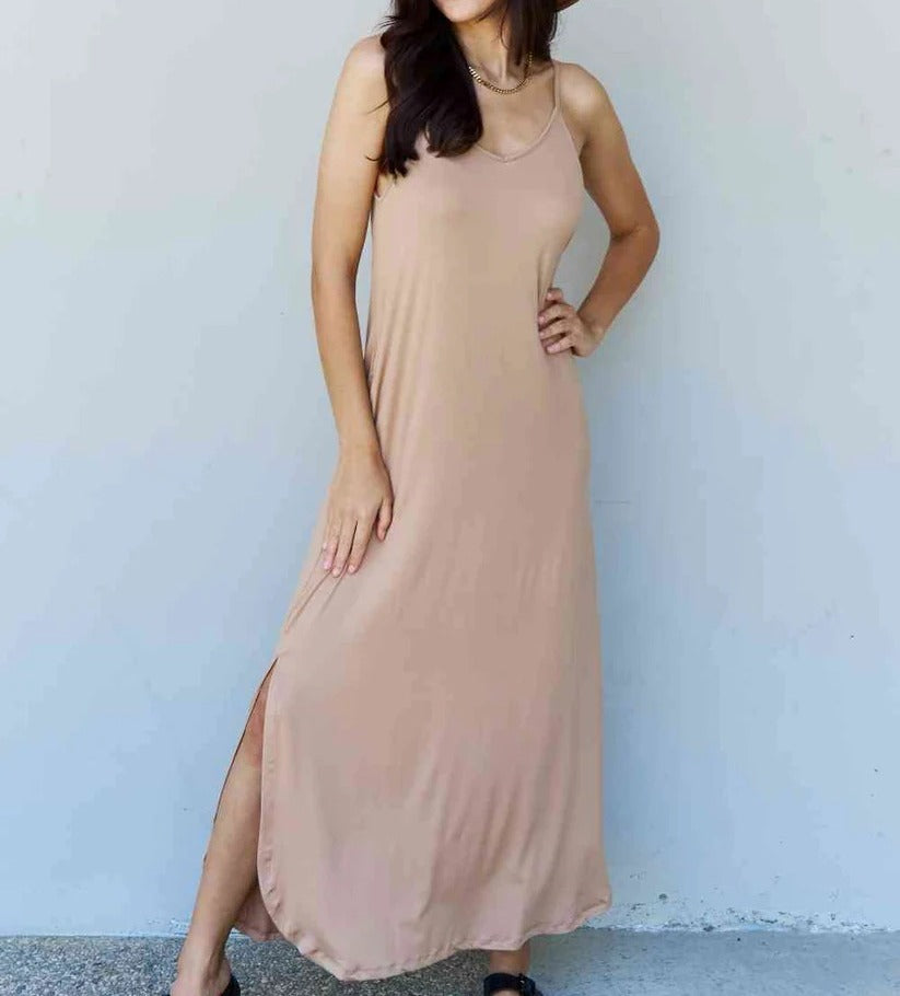 Women's Ninexis Good Energy Full Size Cami Side Slit Maxi Dress in Camel