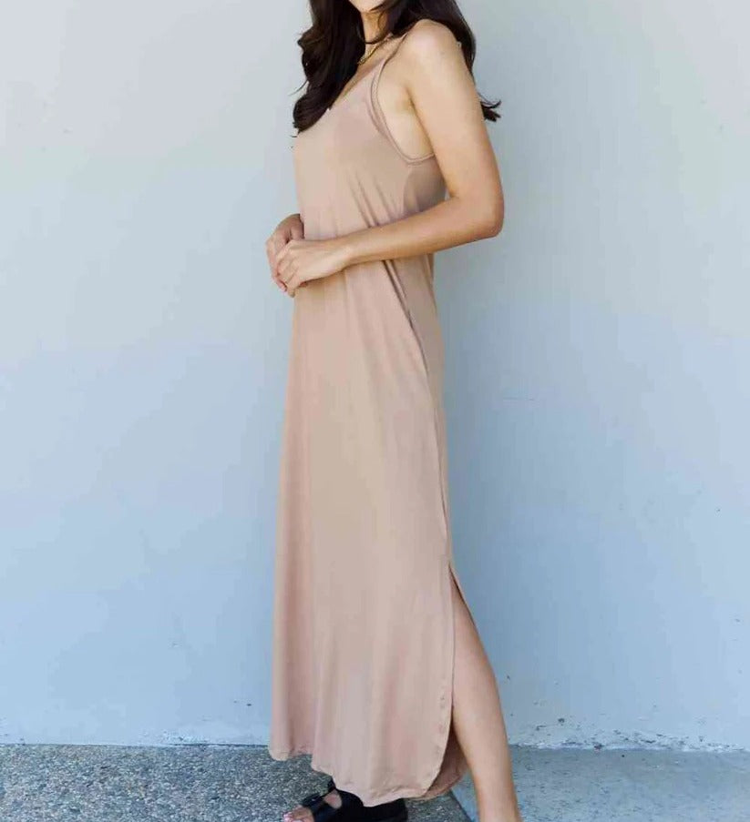 Women's Ninexis Good Energy Full Size Cami Side Slit Maxi Dress in Camel