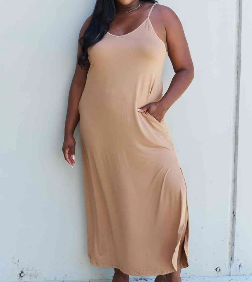 Women's Ninexis Good Energy Full Size Cami Side Slit Maxi Dress in Camel