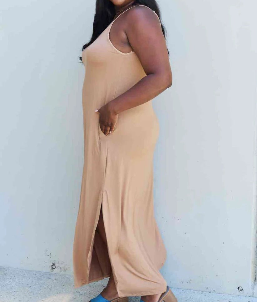 Women's Ninexis Good Energy Full Size Cami Side Slit Maxi Dress in Camel