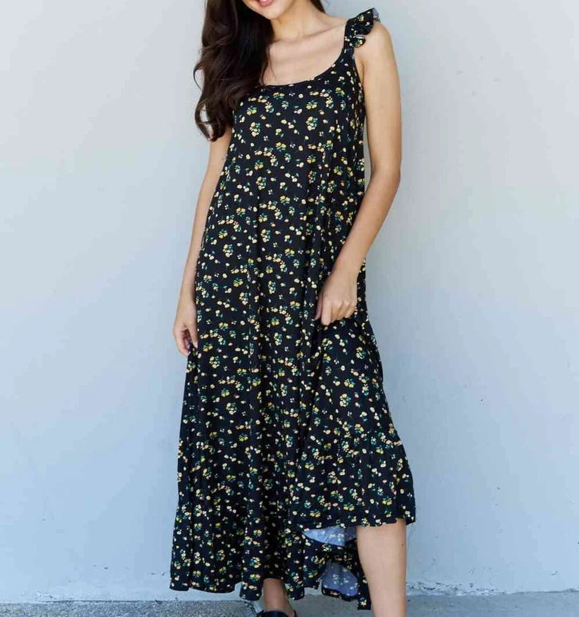 Women's Doublju In The Garden Ruffle Floral Maxi Dress in Black Yellow Floral
