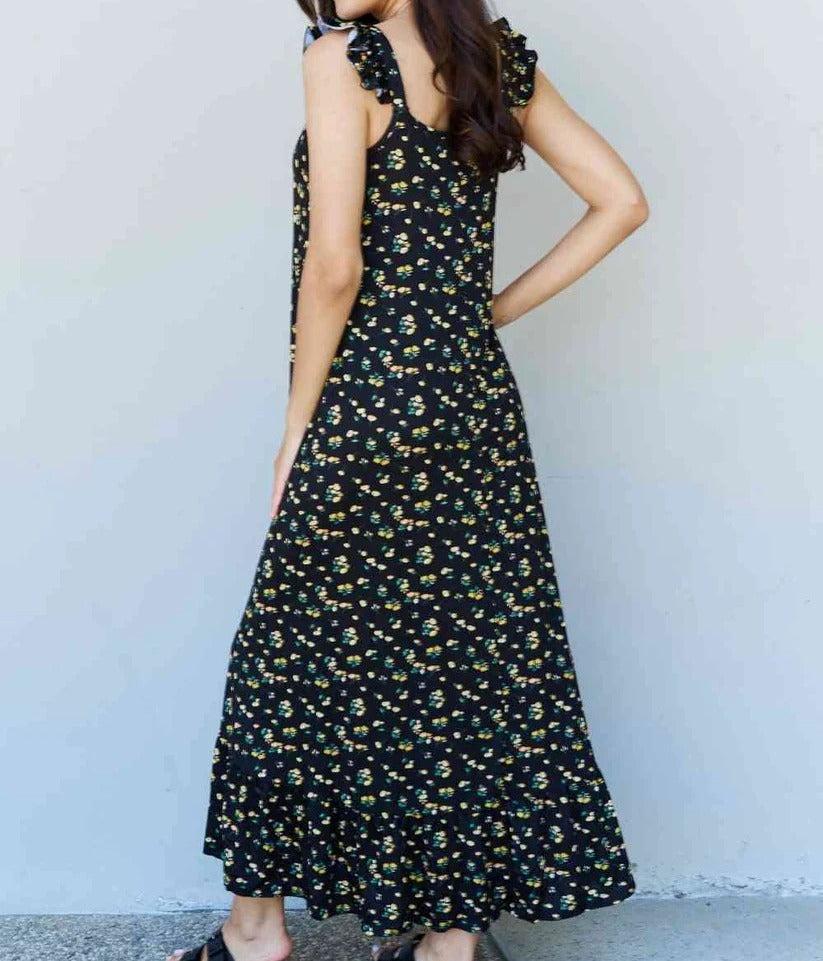 Women's Doublju In The Garden Ruffle Floral Maxi Dress in Black Yellow Floral
