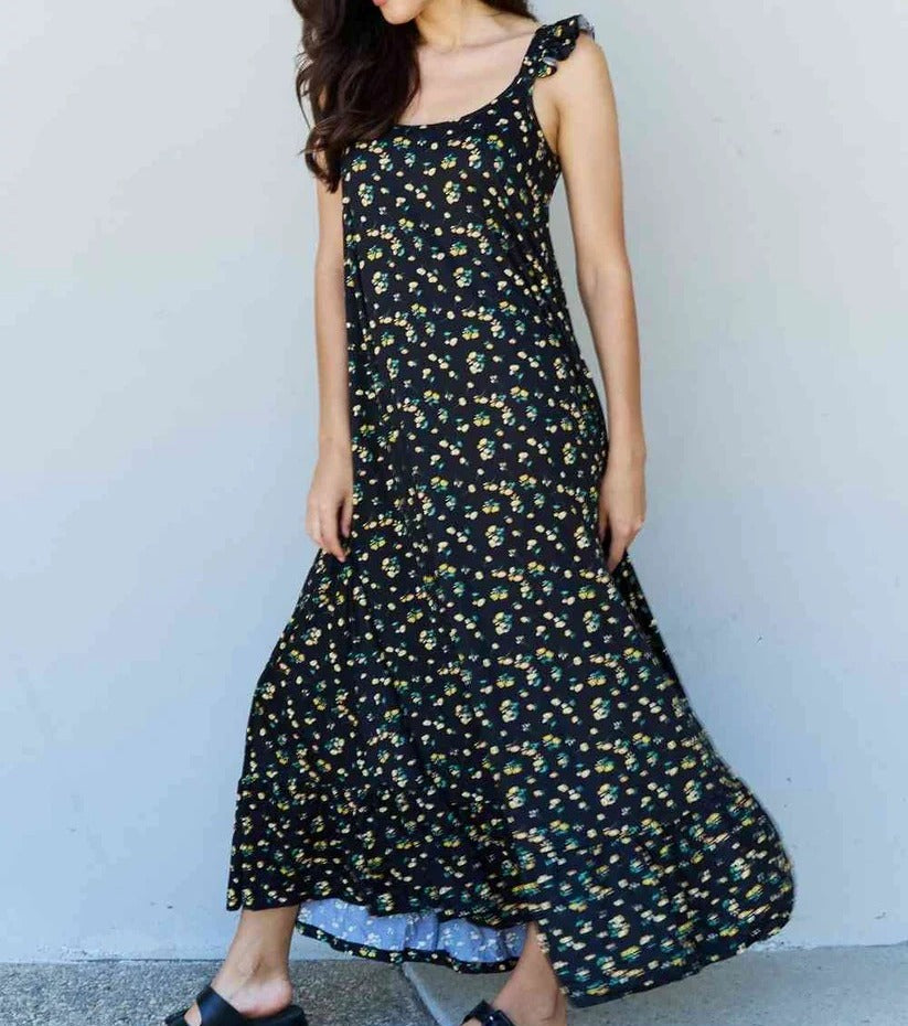 Women's Doublju In The Garden Ruffle Floral Maxi Dress in Black Yellow Floral