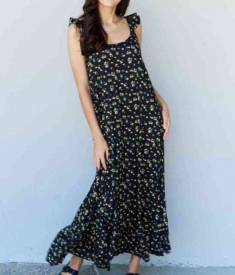 Women's Doublju In The Garden Ruffle Floral Maxi Dress in Black Yellow Floral