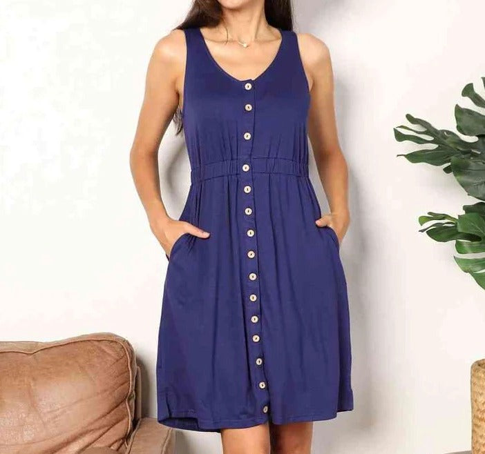 Women's Double Take Button Front Empire Waist Sleeveless Slit Magic Dress